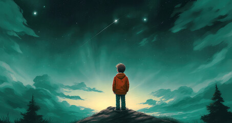 An illustration of a lonely boy with a red jacket dreaming while looking at a greenish and starry sky at night. Copy space for text, advertising, message, logo