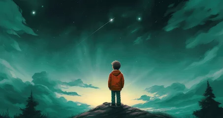 Selbstklebende Fototapeten An illustration of a lonely boy with a red jacket dreaming while looking at a greenish and starry sky at night. Copy space for text, advertising, message, logo © CFK