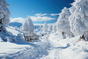 A picturesque winter wonderland with snow-covered hills and frosted trees, perfect for sledding. Generative Ai.