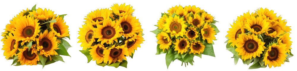 Large flower arrangement or bouquet with many sunflowers isolated on transparent background generative ai