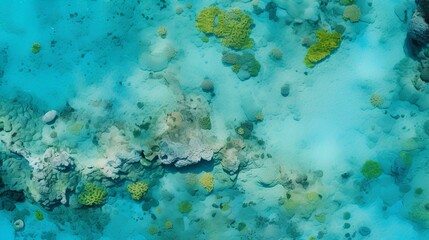 Fototapeta na wymiar Top-down view of a coral reef mosaic in turquoise Caribbean waters. a beautiful and marvelous surreal seascape of nature. generative AI