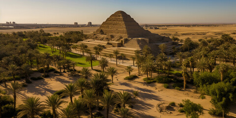 Fototapeta na wymiar Aerial view of the Step Pyramid of Djoser at Saqqara, surrounded by palm trees, vibrant green and desert contrast
