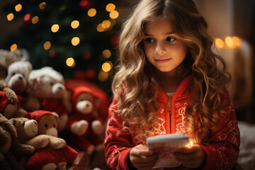 The magic of Christmas morning, with children waking up to discover presents and the joy of the holiday season. Generative Ai.