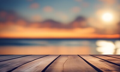 Fototapeta na wymiar Empty wooden table, blurred summer sea sunset background with copy space for your product