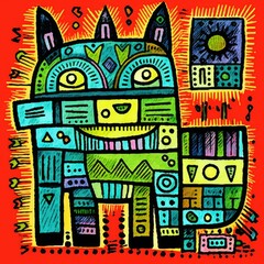 cat kitty cubism art oil painting abstract geometric funny doodle illustration poster tatoo