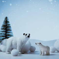 Blue winter background, polar bears in snowdrifts, pastel blue colors