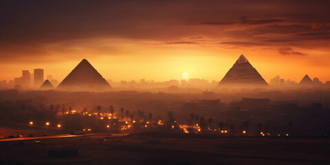 Multiple pyramids of Giza with the Cairo skyline in the background, modern meets ancient, early evening - obrazy, fototapety, plakaty