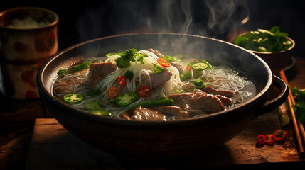 Vietnamese Pho, steaming hot, beef slices and herbs, wooden chopsticks and spoon
