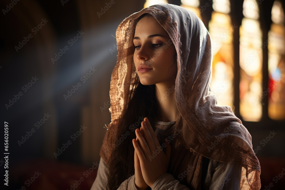 Wall mural a young woman praying with enthusiasm in a christian church, ai generation