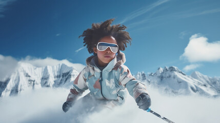 Fototapeta na wymiar portrait of a black boy in ski resort