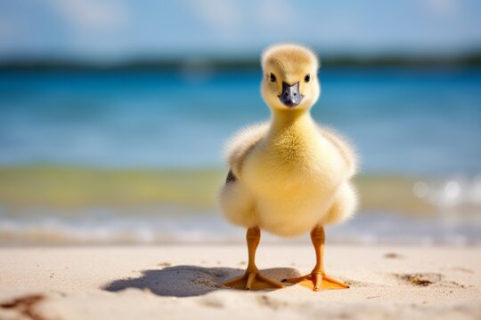 Adorable yellow canadian goose duckling gosling perched on a sandy beach Generative Ai