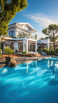 Luxury villa with a swimming pool, expensive real estate, holiday by the sea in a rented villa