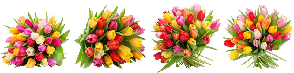 Large flower arrangement or bouquet with many tulips isolated on transparent background generative ai