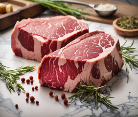 Concept of marbled beef, organic grass-fed marbled meat, cuts