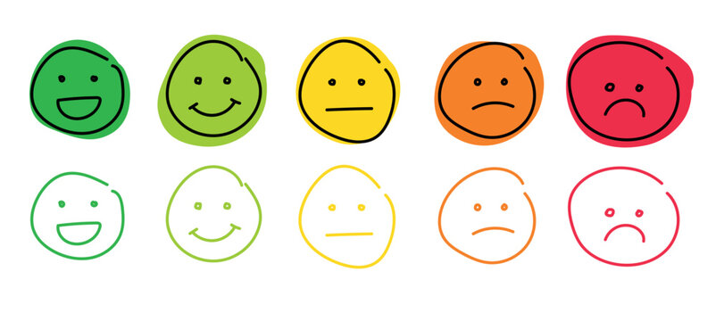 Naklejki Emoticons icons set. Emoji faces collection. Emojis doodle style. Happy smile neutral sad and angry. Vector illustration
