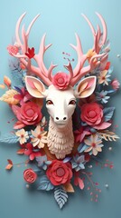 A paper cut deer head surrounded by flowers and leaves