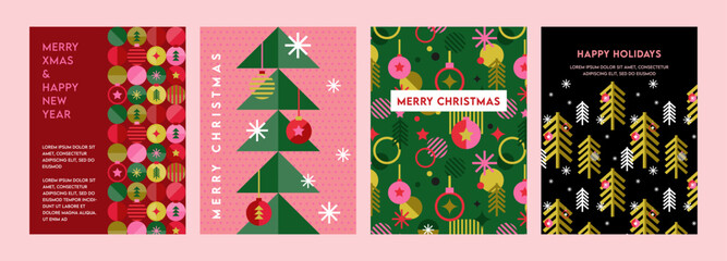 Merry Christmas flat modern design, Happy new year banner. Snowflakes, decorations and Xmas trees elements. Colorful vector illustration in flat geometric cartoon style - 656022525