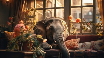 Fototapeta na wymiar An elephant sitting on a couch in front of a window