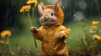 A rabbit in a yellow raincoat holding a flower