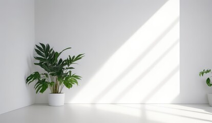 Minimalistic light background with a white wall and a green plant. product display. Copy space for text, advertising, message, logo