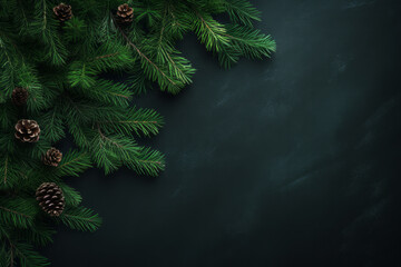 Coniferous green pine branches with pinecones on minimal dark Christmas background with copy space winter holiday concept - obrazy, fototapety, plakaty