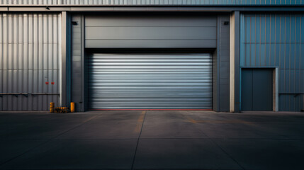 Closed gray roller shutters, closed storage area or garage, warehouse space - obrazy, fototapety, plakaty