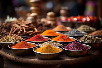 A traditional spice market in Marrakech, Morocco, with a kaleidoscope of fragrant spices and herbs. Concept of culinary delights in the Near East. Generative Ai. - obrazy, fototapety, plakaty