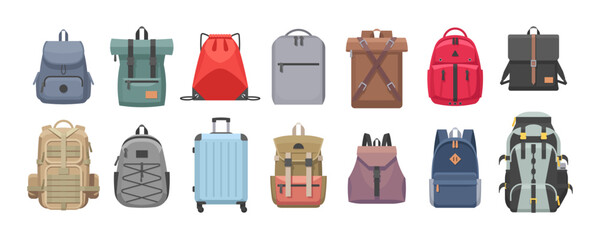 Flat set of backpacks. Different backpacks on white background. Vector illustration - obrazy, fototapety, plakaty
