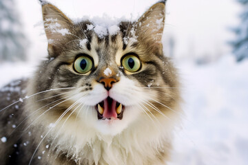 Cat astounded by snow. Snow fell on the cat. Funny cat in the snow