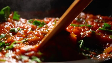 close up video of homemade tomato sauce made of fresh tomatoes, basil, garlic, and red wine. cooking tomato sauce for pizza or pasta. Italian cuisine, food and drink