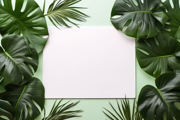 mockup white blank paper sheet with tropical leaves top view on green background, template empty card flat lay for design with copy space - Powered by Adobe