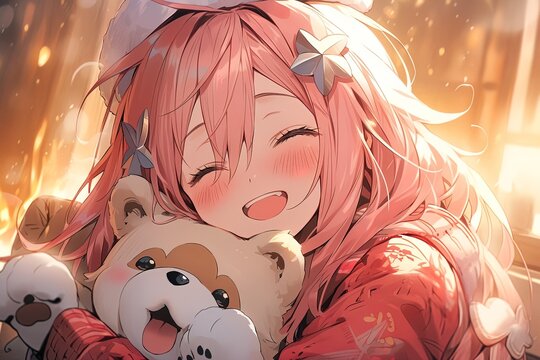 cute happy anime girl with pink hair hugs a toy bear