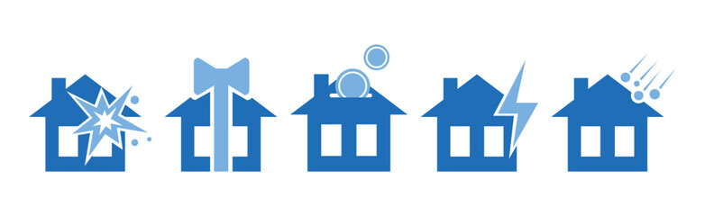 House and Property Insurance Blue Flat Icon Vector Set