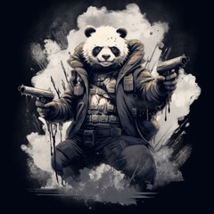 panda gun rifle tshirt design mockup printable cover tattoo isolated vector illustration artwork