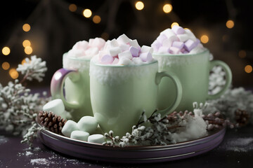Obraz na płótnie Canvas Mug of Christmas hot cocoa with mini marshmallows and cream. Copy space