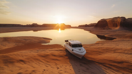 Desert Lake at sunset on a hot summer night. - obrazy, fototapety, plakaty