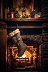 Brown sock with a hem on the fireplace for Santa Claus Generative Ai