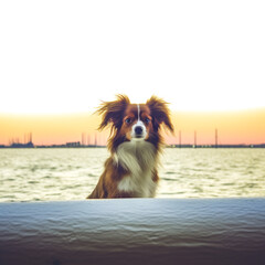 Dog waiting for its owner on seashore at sunset. High quality photo
