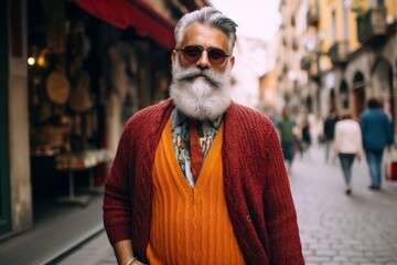 Portrait of a handsome bearded old man with sunglasses in the city.