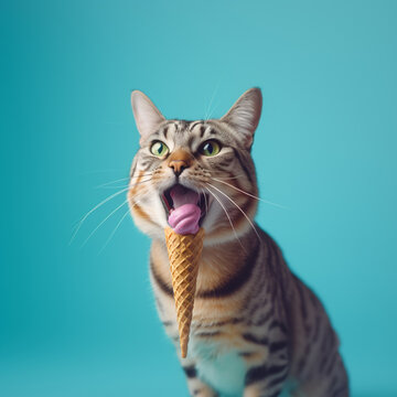 Cute funny cat licks ice cream on uniform background. High quality illustration