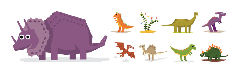 Funny Dinosaur Animal as Prehistoric Wild Beast Vector Set