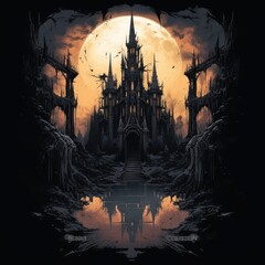 castle moon tower tshirt design mockup printable cover tattoo isolated vector illustration artwork