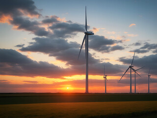 Obraz premium Generadores de energía eólica en un campo al amanecer/atardecer. Vista de frente. IA Generativa 