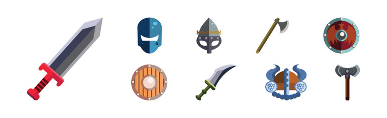 Viking and Warrior Game Icon and Battle Object Vector Set