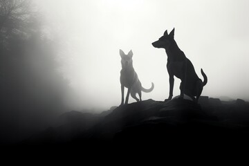 Black and White Silhouettes of Dogs approaching from the Fog Generative Ai