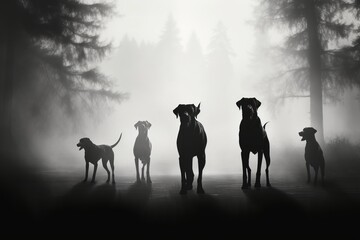 Black and White Silhouettes of Dogs approaching from the Fog Generative Ai