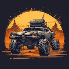 mad max car mosnter truck tshirt design mockup printable cover tattoo isolated vector illustration