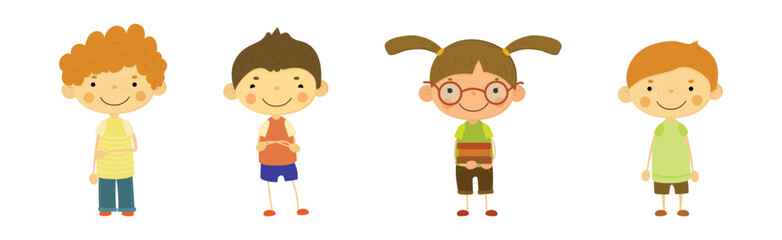 Happy Smiling Children Standing with Friendly Face Vector Set