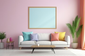 Light Blue Empty Picture Frame hanging on the wall of a pastel color Room with a white couch Generative Ai