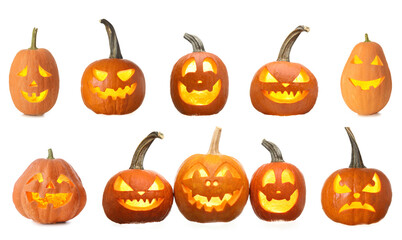 Set of carved Halloween pumpkins on white background